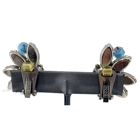 Hobe Earrings Clip on Blue Milk Aurora Borealis Faux Pearls Glass Rhinestones Vt - Picture 5 of 8